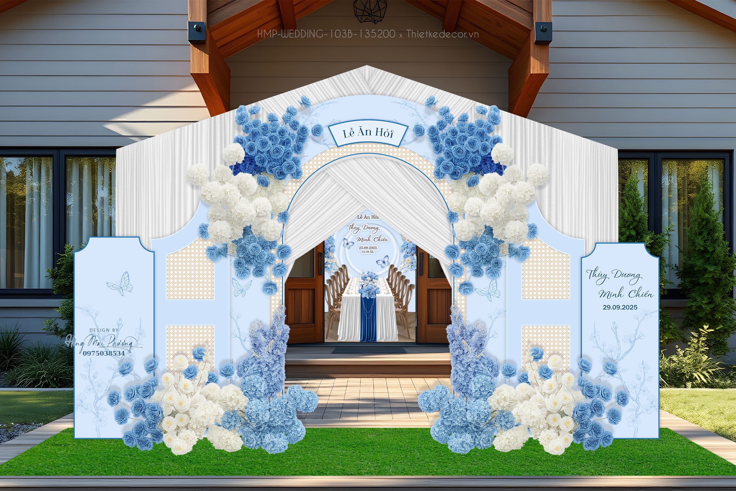 Cổng cưới tone xanh dương họa tiết bướm cành